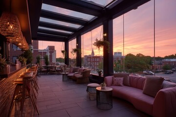 Fototapeta premium Enjoy a beautiful sunset at this luxurious rooftop bar with a stunning view and stylish decor.