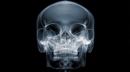 An overhead view of an X-ray image displaying a human skull with detailed visibility of the cranial bones, teeth, and sinus cavities.