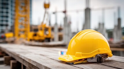 Close-up of a yellow construction helmet on a job site wooden surface