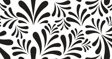Black and white seamless floral pattern with vintage leaves and decorative elements