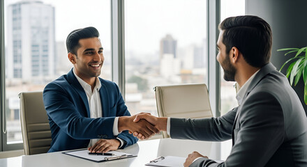 Happy young Indian business owner man shaking hands with male partner at meeting table, hiring new employee after interview,	