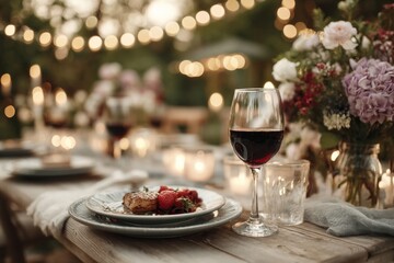 Fototapeta premium Romantic outdoor dinner setting with red wine and food.