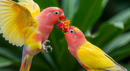 Lovebirds Sharing a Flower: A Vibrant Display of Affection