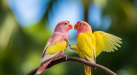 Adorable Lovebirds on Branch: A Colorful Display of Affection