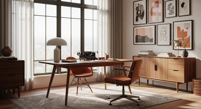 A mid century modern home office features a large wooden desk with a typewriter and stylish chairs