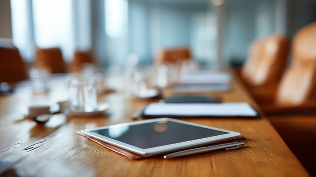 A sleek conference room table with a tablet and pen, suggesting a professional business environment ready for a meeting. - Powered by Adobe