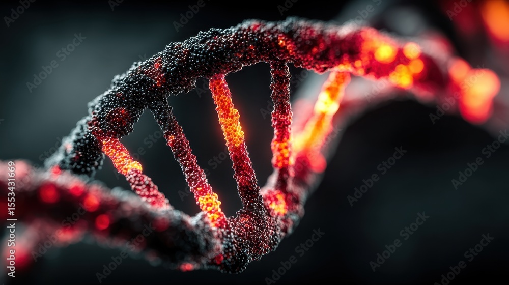 Poster closeup of glowing dna helix structure on a black background with detailed texture