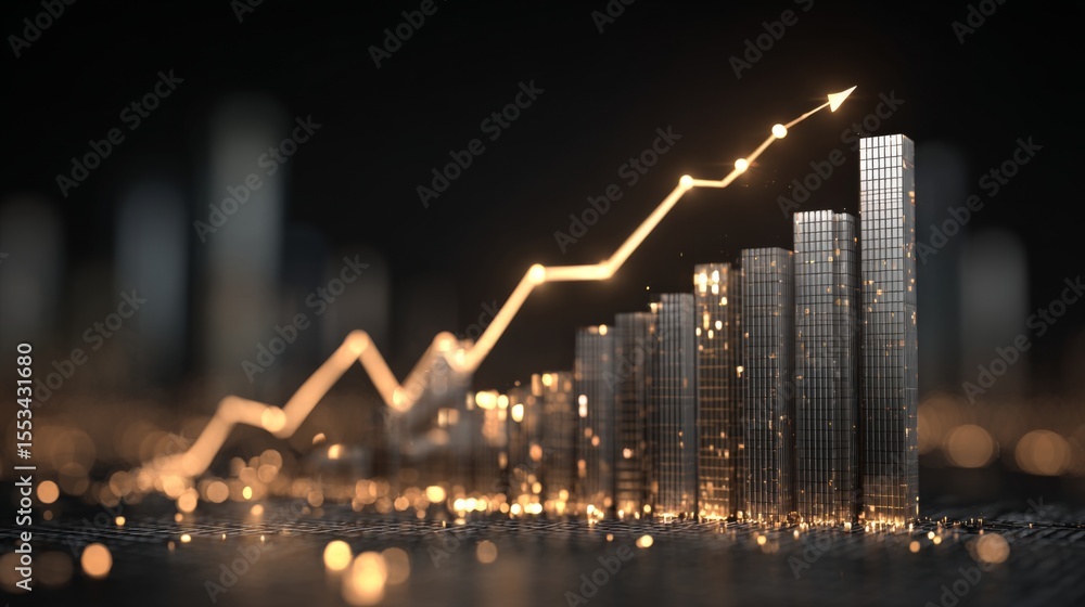 Poster A D financial graph with rising bars and an upward trending line chart, with metallic textures and subtle lighting effects, floating in digital space