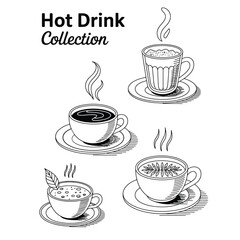 Obraz premium Black and white vector illustration of a curated hot drink collection featuring coffee, hot chocolate, matcha latte, and herbal tea