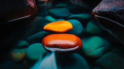 Vibrant Orange and Yellow Stones Balanced on Teal River Rocks Serenity Nature Scene