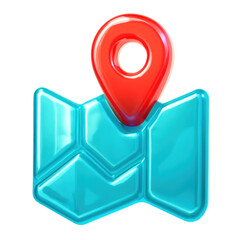 3D Translucent Icon Style Map with Red Location Pin on Transparent Background