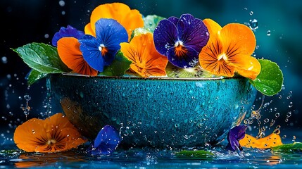 Vibrant Pansies and Kiwi in Teal Bowl Water Splash Floral Still Life Photography