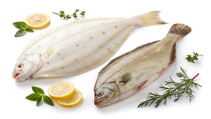  Halibut   dover sole   premium flatfish  more isolated on a white background.AI GENERATED 