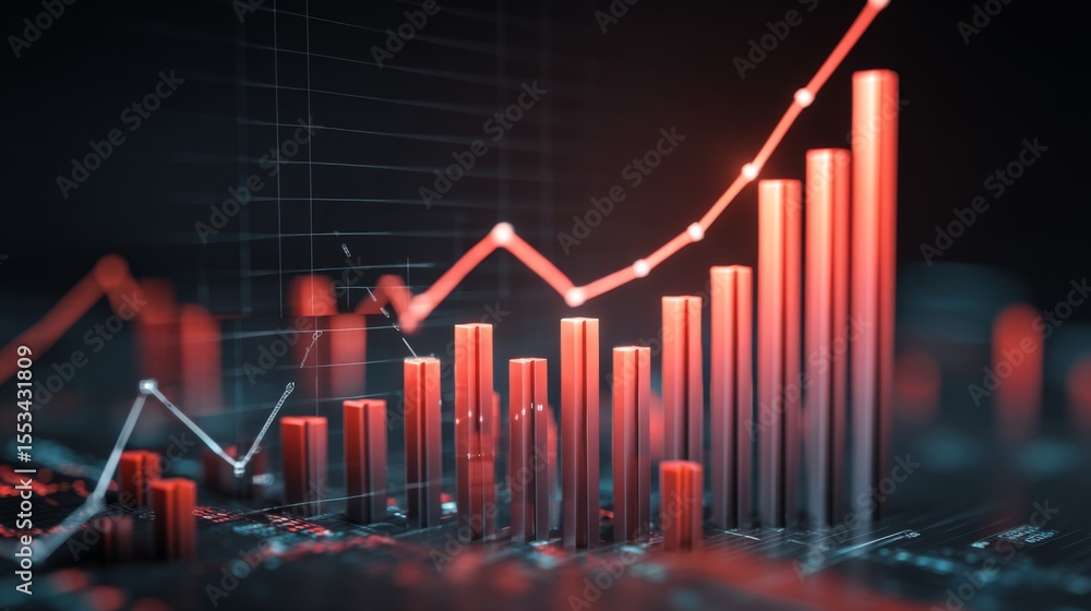 Aufkleber a d financial graph with rising bars and an upward trending line chart, with metallic textures and s