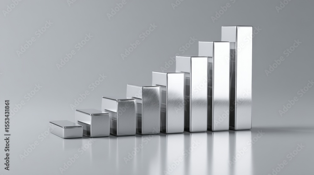 Poster A D stacked bar chart with metallic bars in ascending order, placed on a reflective surface, highlighting financial progress in a clean, minimalist design