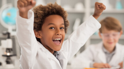 Obraz premium A joyful child in a white lab coat raises their arms in excitement, likely celebrating a success in a classroom or science experiment.