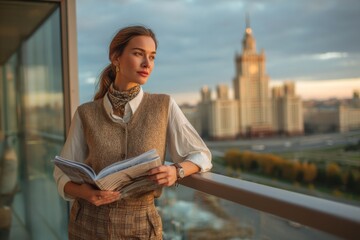 Woman enjoys the sunset and city view from her balcony, holding a magazine.