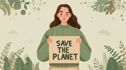 A young eco activist holding a sign promoting environmental awareness
