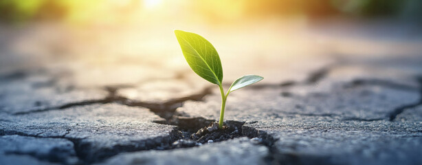 Young plant sprouting through cracked pavement, symbolizing resilience and growth
