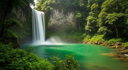 Serene Waterfall in Lush Rainforest Paradise