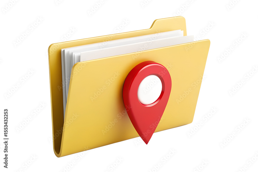Poster yellow folder with documents and red location pin isolated on transparent background