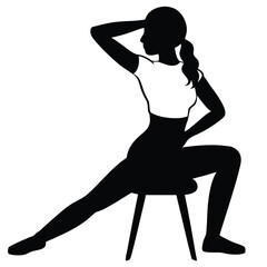 Silhouette of a Young Woman in a Yoga Pose, Stretching on a Stool