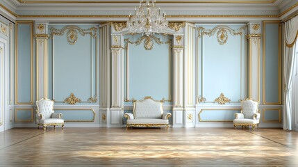Elegant, ornate room with blue and gold walls, luxurious furniture, chandelier, and parquet flooring in a classic palace style.