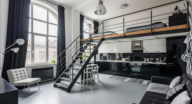 A modern loft apartment features an open plan kitchen living room with a mezzanine bedroom and metal staircase