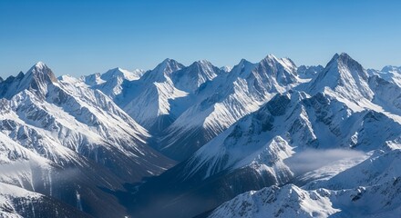 Majestic Winter Mountain Range Panorama: A Breathtaking View of Snow-Covered Peaks