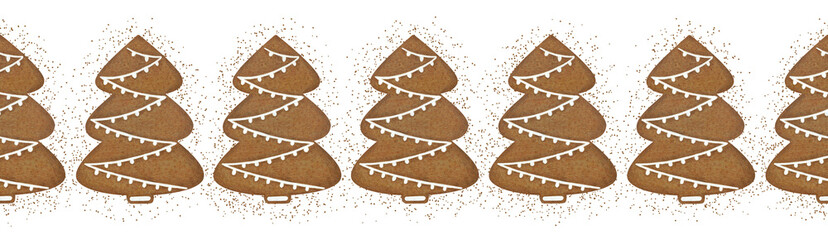 Gingerbread Christmas trees cinnamon crumbs seamless border isolated on transparent background