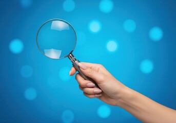 A hand with manicured nails holds a magnifying glass, symbolizing investigation and discovery.
