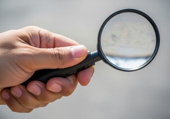 A hand holds a magnifying glass, symbolizing investigation, discovery, and detailed examination.