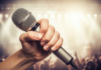 A hand firmly holds a microphone, set against a blurred crowd and stage lights, symbolizing a live performance.