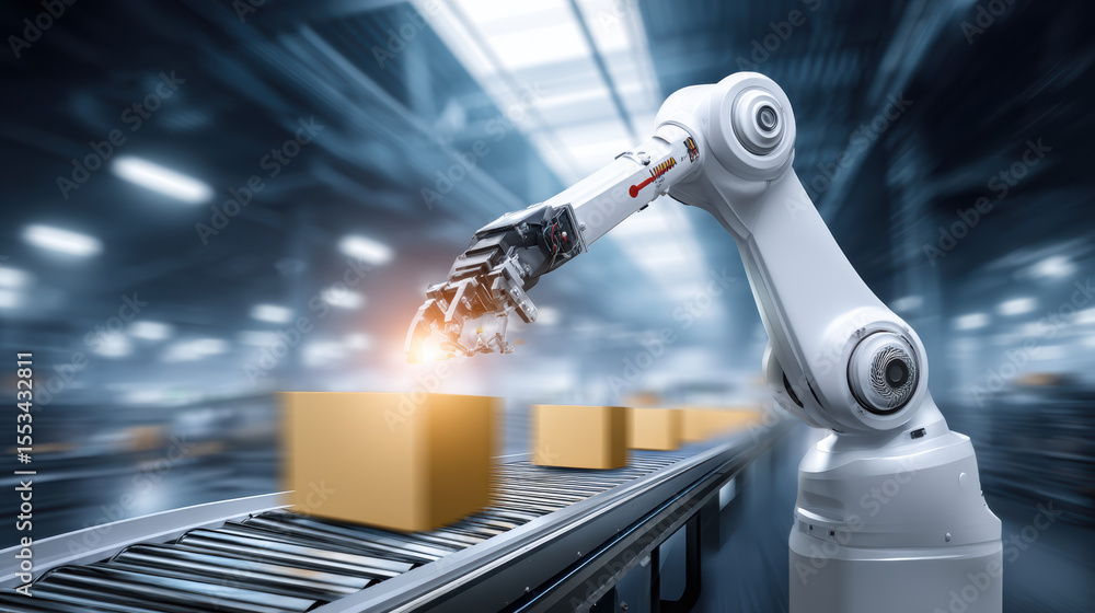 Poster automated robotic arm handling cardboard boxes on conveyor belt in warehouse logistics for efficient
