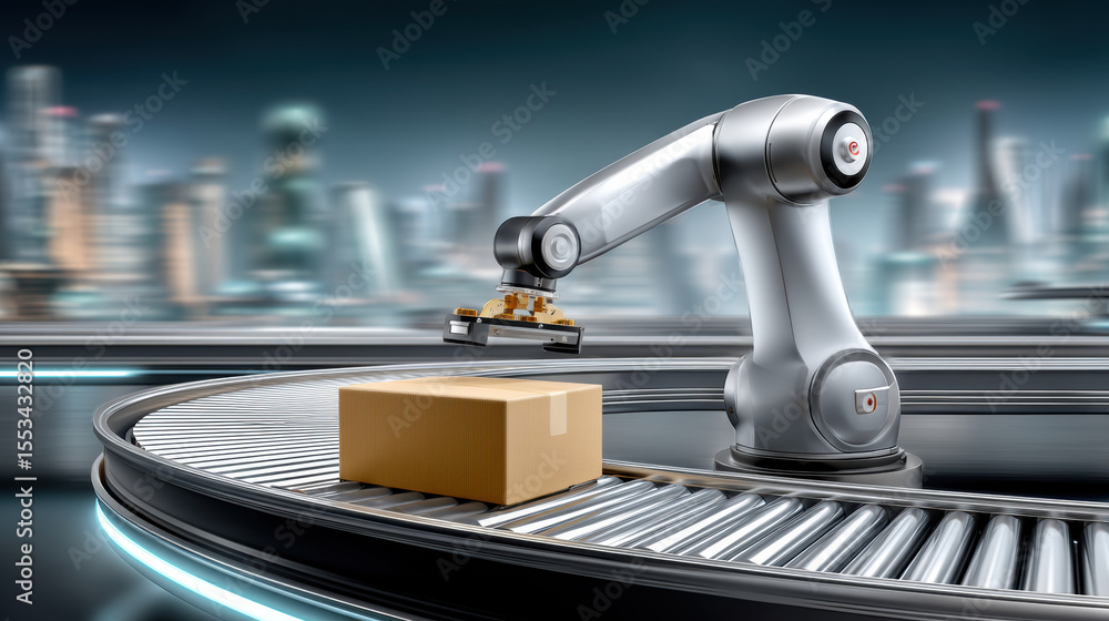 Poster automated robotic arm handling cardboard box on conveyor belt in warehouse logistics storage solutio