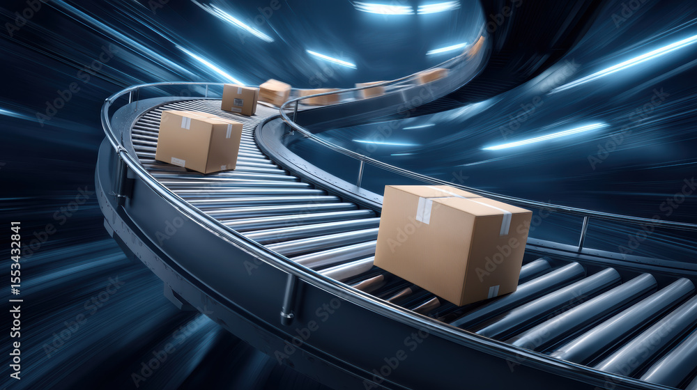 Poster conveyor system transporting cardboard boxes futuristic setting showing logistics and storage soluti