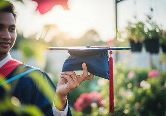A proud graduate holds up their cap with a red tassel, celebrating success with golden light.