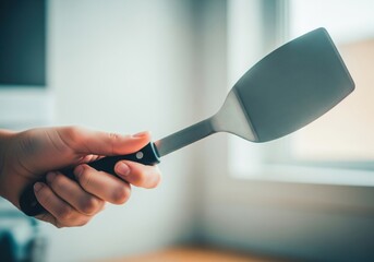 A hand holds a black and silver spatula against a bright, blurred kitchen background.