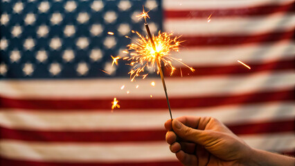 hand holding sparkler and flag
