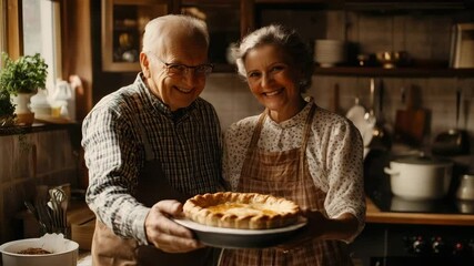Elderly couple baking pie in cozy kitchen wearing apron smiling happily holding freshly baked food with joy and pride - Powered by Adobe