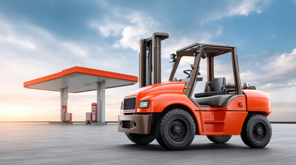 Forklift truck in bright orange color parked near fuel station under cloudy sky showing logistics and storage solutions for industrial use