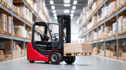 Forklift carrying pallet in warehouse logistics storage solutions for efficient inventory management and organized supply chain operation