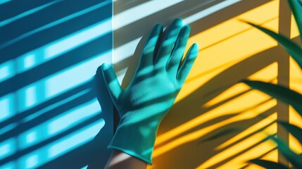 Hand wearing green glove with shadow from blinds on colorful background. Perfect for cleaning service ad or home hygiene and sanitization concept.