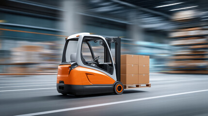 Fototapeta premium Forklift logistics vehicle in warehouse storage solutions moving cardboard boxes on pallet fast transport