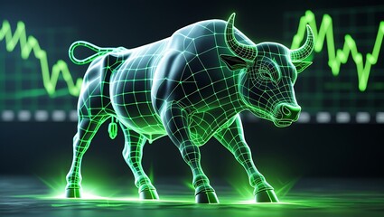 Glowing Green Bull with Grid Overlay and Stock Chart Background