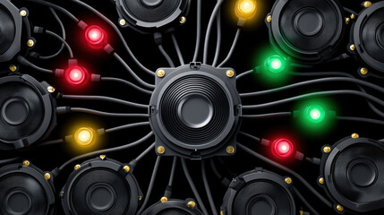Black speaker with colorful LED lights connected by cables showing logistics and storage solutions in electronic sound system design