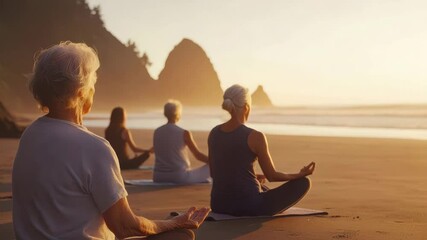 Elderly meditation and yoga on beach at sunset with mindfulness, relaxation, and nature’s peaceful ocean view for ultimate calm and wellness - Powered by Adobe