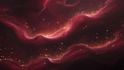 Deep Red Nebula with Golden Sparkles in Dark Space