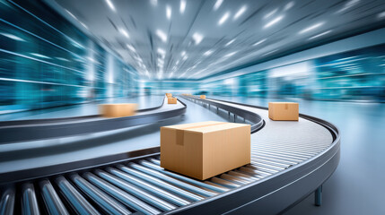 Logistics storage solutions with cardboard box on conveyor belt in modern warehouse environment showing efficient delivery system