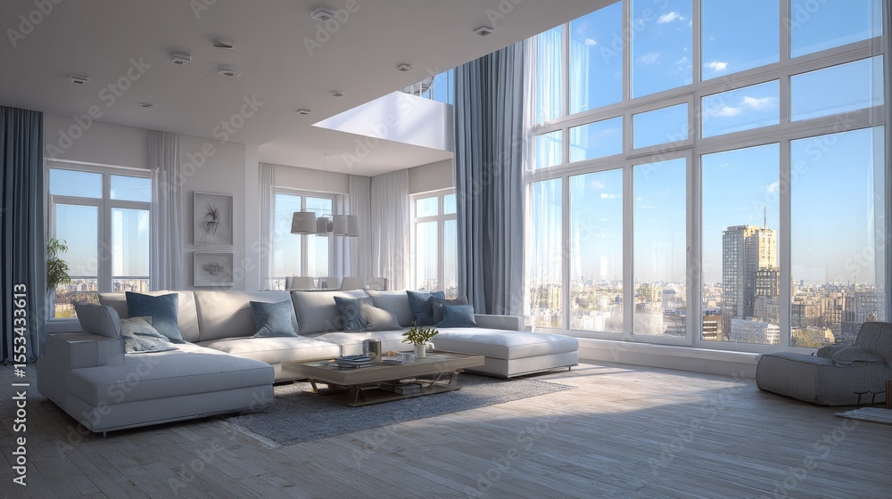 Poster a bright living room with large windows showcasing a stunning view, complemented by simple decor and
